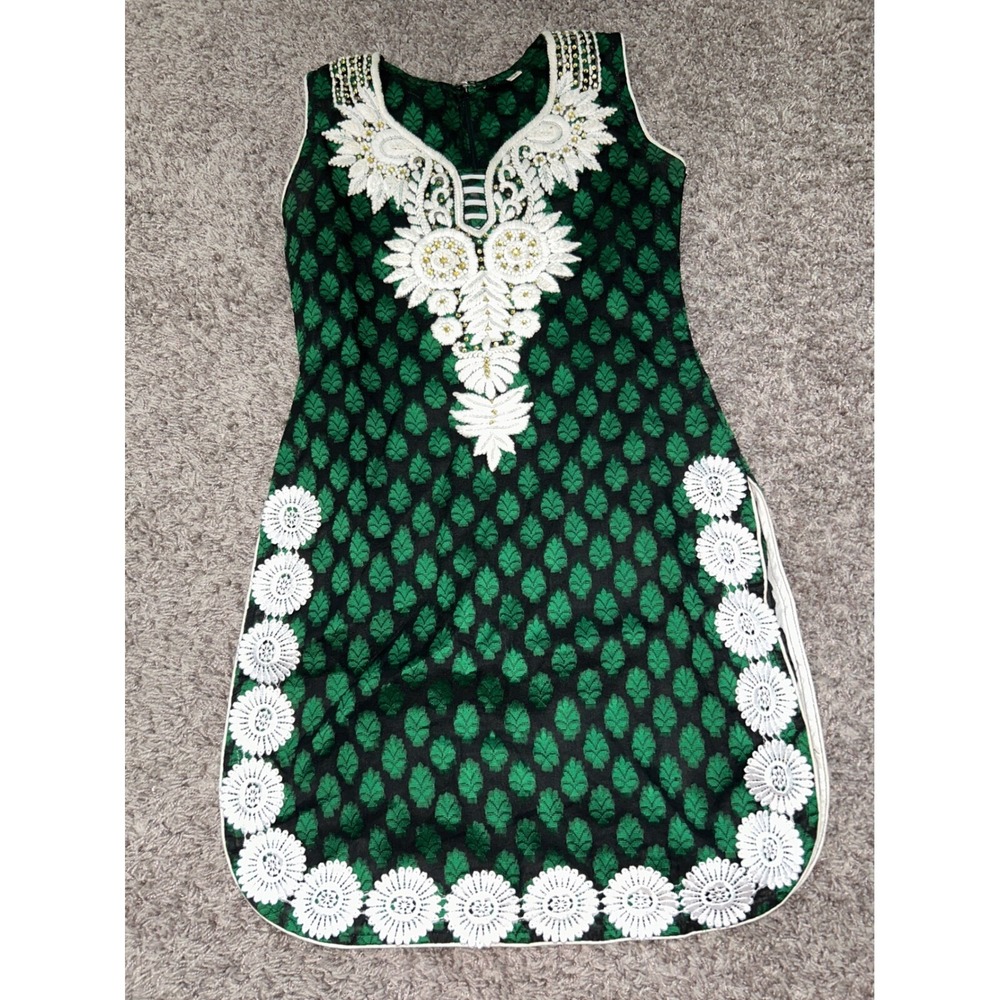 Embroidered Tunic Dress Sleeveless Green Black Floral Party‎ Size 34